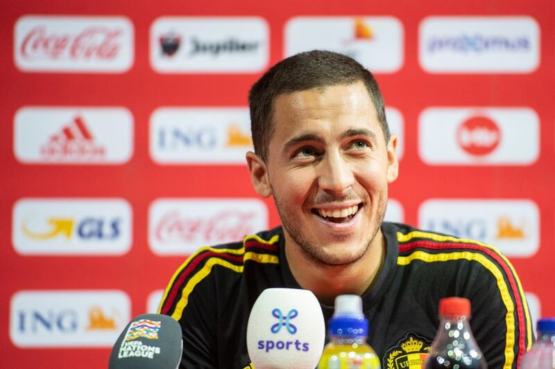 epa07085908 Belgium's player Eden Hazard speaks during a press conference at the Football Centre in Tubize, Brussels, Belgium, 11 October 2018. Belgium will face Switzerland in their UEFA Nations League soccer match on 12 October 2018.  EPA/ENNIO LEANZA