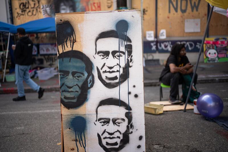 Images of George Floyd are seen in the protest area known as CHOP in Seattle, Washington. Getty Images