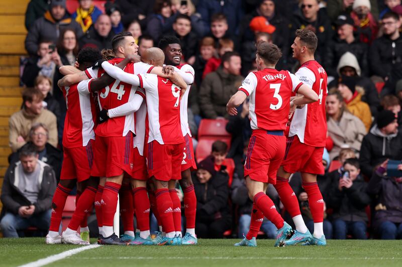 Martin Odegaard and the Arsenal team celebrate taking the lead. Getty