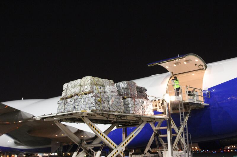 A ninth set of relief aid is loaded onto a plane at International Humanitarian City in Dubai to be sent to Bangladesh on Tuesday. Courtesy Dubai Media Office