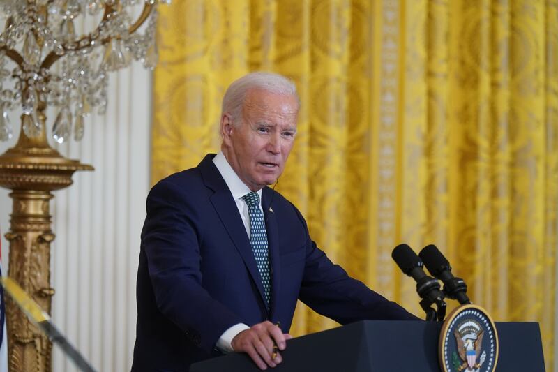 Mr Biden speaks at the news conference at the White House. Bloomberg
