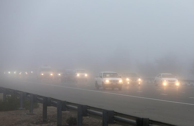 Fog reported in areas of Dubai, the Northern Emirates and Al Dhafra on Tuesday. Pawan Singh / The National