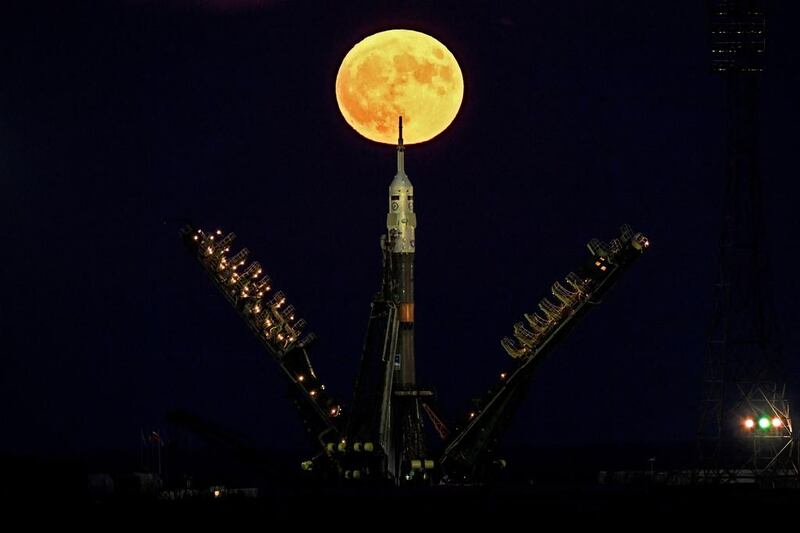 The supermoon is seen behind the Soyuz MS-03 spacecraft set on the launch pad at the Russian-leased Baikonur cosmodrome in Kazakhstan.   Kirill Kudryavtsev / AFP Photo