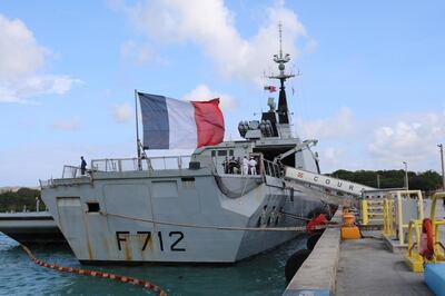 FILE - In this May 11 2017 file photo, the French stealth frigate Courbet is docked at Naval Base Guam, near Hagatna, Guam.  The current naval standoff between France and Turkey is shining a spotlight on NATO's struggle to keep its ranks in order and reveals how difficult it is to run the world's biggest military alliance while respecting U.N. resolutions and arms embargoes when members are on different sides in a conflict, as in Libya. (AP Photo/Haven Daley, FILE)