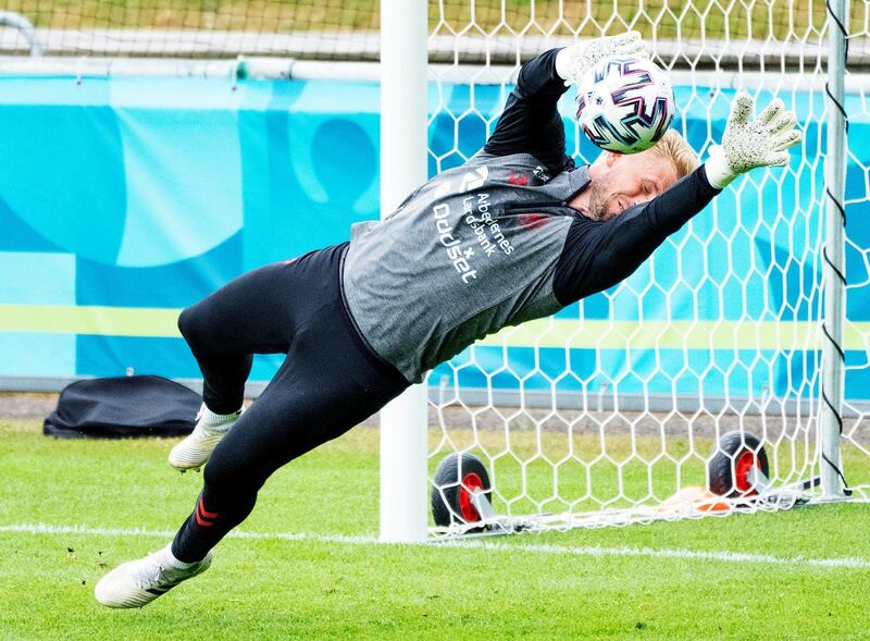 Denmark's Kasper Schmeichel during a training session in Elsinore ahead of their Euro 2020 match against Wales. AP