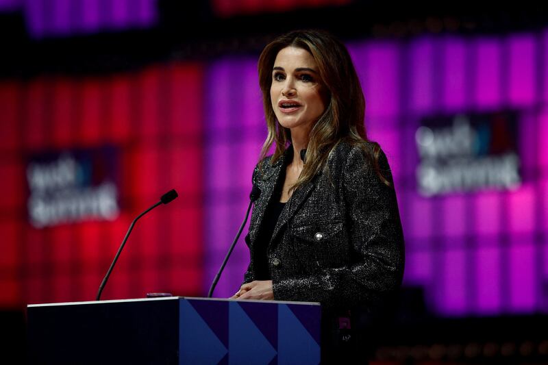 Queen Rania of Jordan speaks during the Web Summit, Europe's largest technology conference, in Lisbon. Reuters