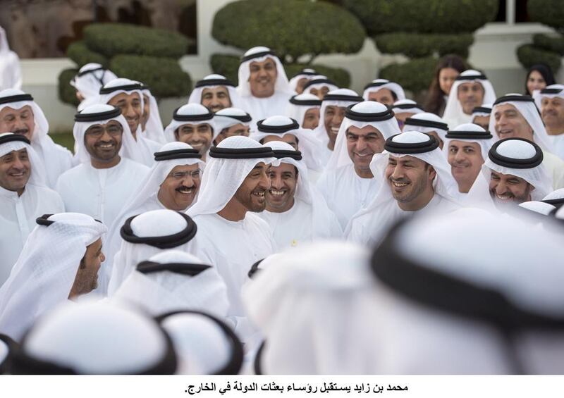 Sheikh Mohammed bin Zayed, Crown Prince of Abu Dhabi and Deputy Supreme Commander of the Armed Forces, meets UAE ambassadors and employees of Ministry of Foreign Affairs, during a Sea Palace barza. Rashed Al Mansoori / Crown Prince Court – Abu Dhabi