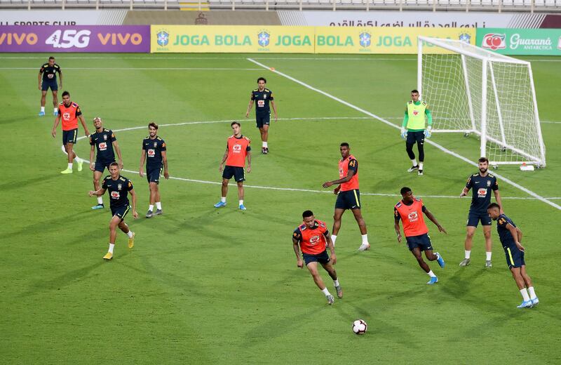 ABU DHABI, UNITED ARAB EMIRATES , Nov 12  – 2019 :- Players of Brazil football team during the training session at the Al Nahyan stadium in Abu Dhabi. ( Pawan Singh / The National )  For Sports. Story by Amith