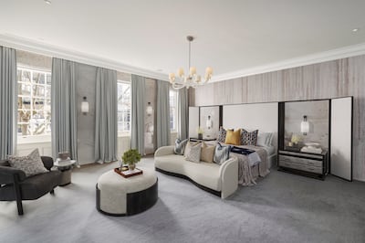 The principal bedroom suite occupies the second level of the mansion, with two walk-in dressing rooms and a bathroom. Photo: Beauchamp Estates
