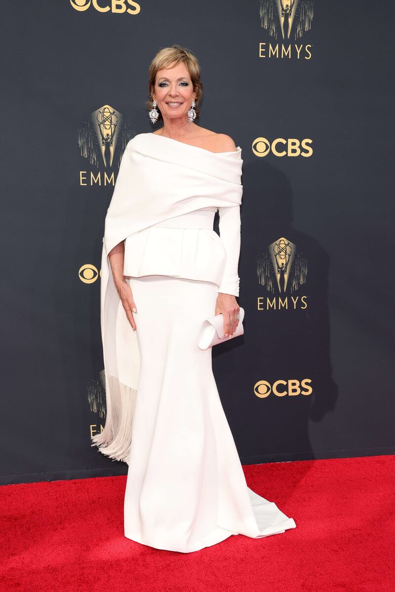 Allison Janney in a white Azzi & Osta gown. AFP