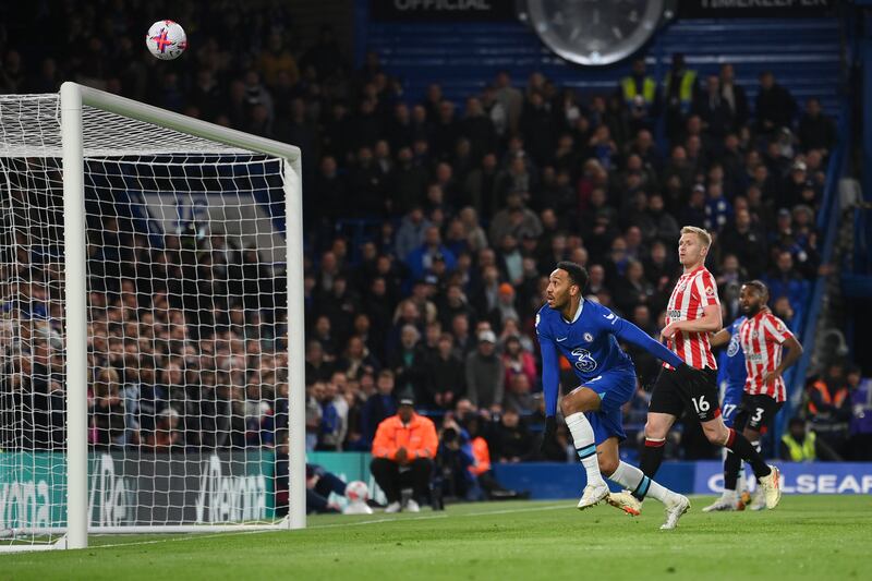 Pierre-Emerick Aubameyang of Chelsea looks on as his header sails over the crossbar. Getty 