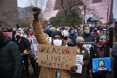 Demonstrators protest near the Hennepin County Courthouse in Minneapolis, Minnesota, as the jury begins deliberations in the trial of Derek Chauvin. Getty Images/AFP 