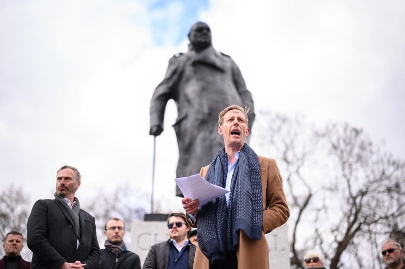 Laurence Fox launches his manifesto for his bid to become the Mayor of London with a statue of former British Prime Minister Winston Churchill behind him. Fox is standing on policies critical of the government's lockdown procedures during the Covid-19 pandemic. Getty