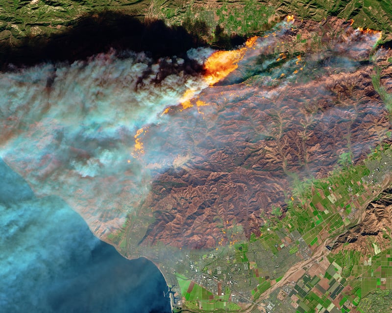 12.	The European Space Agency’s Sentinel-2 satellite captured an image of the fires in southern California on December 5, 2017. This photo shows the largest of the blazes in Ventura County, which destroyed more than 65,000 acres. Photo: Nasa Earth Observatory
