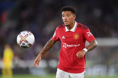 LEICESTER, ENGLAND - SEPTEMBER 01: Jadon Sancho of Manchester United in action during the Premier League match between Leicester City and Manchester United at The King Power Stadium on September 01, 2022 in Leicester, England. (Photo by Michael Regan / Getty Images)