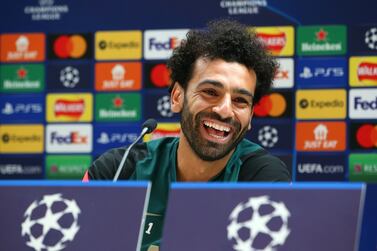 KIRKBY, ENGLAND - MAY 25: Mohamed Salah of Liverpool faces the media during a press conference at AXA Training Centre on May 25, 2022 in Kirkby, England. (Photo by Alex Livesey / Getty Images)