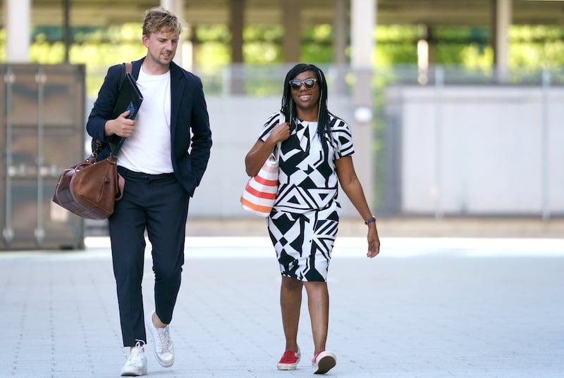 Ms Badenoch arrives at Here East studios in Stratford, east London, before a live television debate. PA