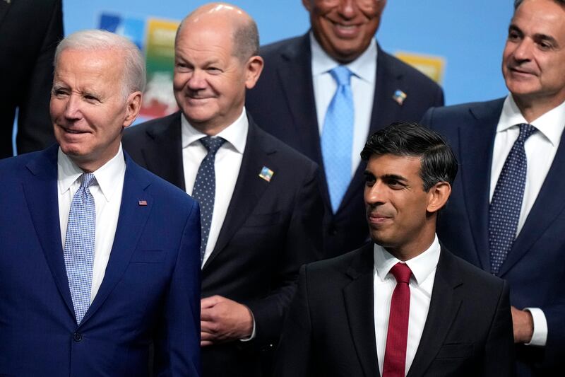 From left, US President Joe Biden, Germany's Chancellor Olaf Scholz, Portugal's Prime Minister Antonio Costa, British Prime Minister Rishi Sunak and Greece's Prime Minister Kyriakos Mitsotakis during a group photo at the Nato summit in Vilnius, Lithuania on Tuesday. AP