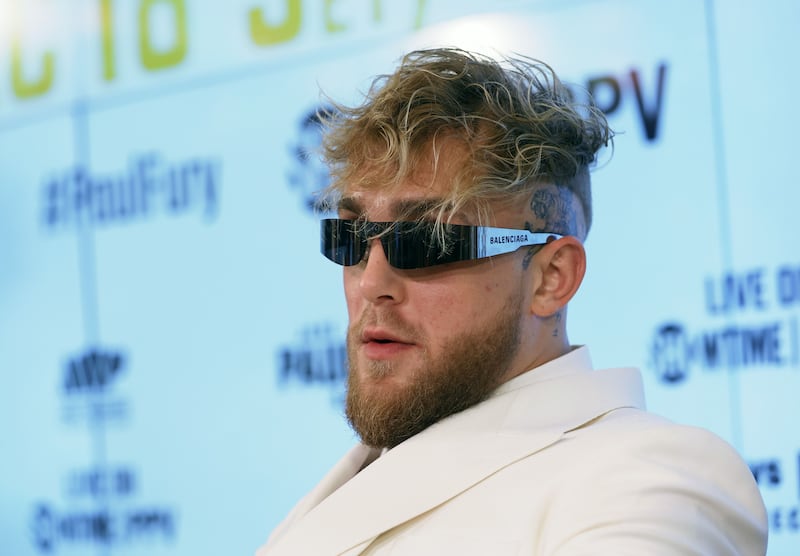 Jake Paul speaks during a news conference to promote his Showtime pay-per-view boxing event against Tommy Fury. AFP