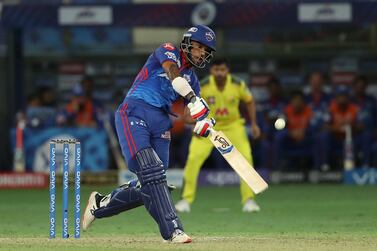 Shikhar Dhawan of Delhi Capitals hits over the top for six during match 50 of the Vivo Indian Premier League between the DELHI CAPITALS and the CHENNAI SUPER KINGS held at the Dubai International Stadium in the United Arab Emirates on the 4th October 2021

Photo by Ron Gaunt / Sportzpics for IPL