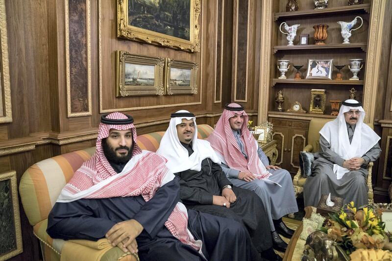 RIYADH, SAUDI ARABIA- December 13, 2017: HRH Prince Mohamed bin Salman bin Abdulaziz, Crown Prince, Deputy Prime Minister and Minister of Defence of Saudi Arabia (L) and HRH Prince Abdul Aziz bin Saud bin Naif, Minister of Interior of Saudi Arabia (3rd L) and other dignitaries attend a meeting with HM King Salman Bin Abdulaziz Al Saud, of Saudi Arabia and Custodian of the Two Holy Mosques (not shown), at Arqa Palace.

( Mohamed Al Hammadi / Crown Prince Court - Abu Dhabi )
---