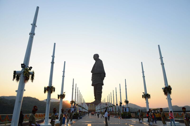 Indian policemen stand guard near the Statue Of Unity. AFP