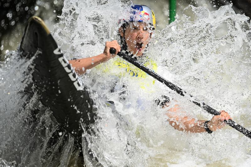 Austria's Viktoria Wolffhardt competes in the 2022 ICF Canoe Slalom World Cup Finals in La Seu d'Urgell, Spain. Getty