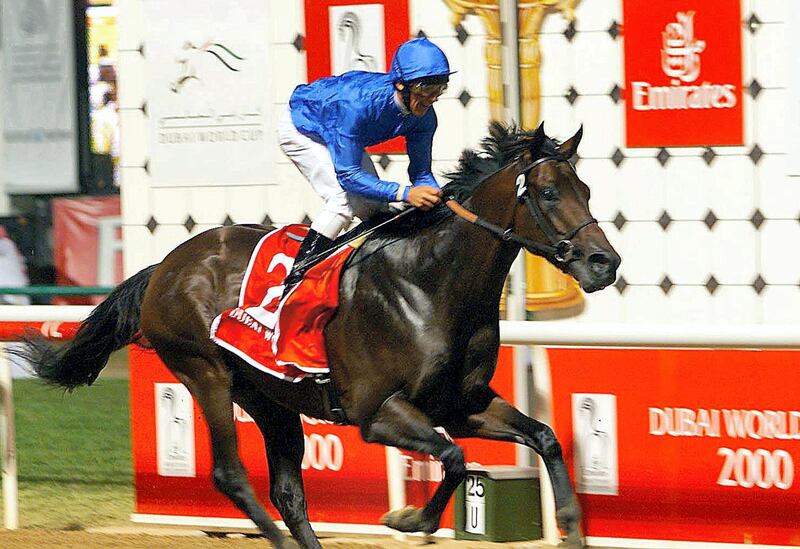 Dubai Millennium ridden by Frankie Dettori, of Sheikh Mohamed bin Rashed Al-Maktoum, United Arab Emirates Defence Minister and Crown Prince of Dubai, passes the finish line and winning a Dubai's World Cup 25 March 2000. Dubai Millennium won 3.6 million dollars, 1.2 m million  dollars for the runner up and 600,000 dollars for the third.   (ELECTRONIC IMAGE) (Photo by RABIH MOGHRABI / AFP)