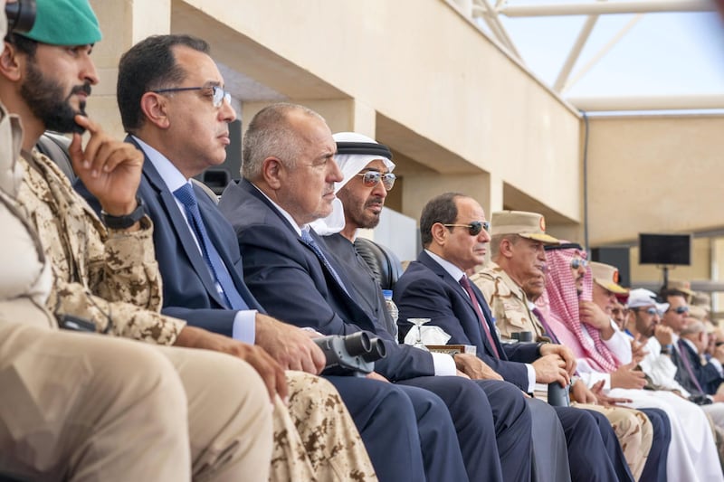 Berenice, Egypt - January 15, 2020: HH Sheikh Mohamed bin Zayed Al Nahyan, Crown Prince of Abu Dhabi and Deputy Supreme Commander of the UAE Armed Forces (4th L) and HE Abdel Fattah El Sisi, President of Egypt (5th L), attend the opening ceremony of Berenice Military Base. Seen with HH Sheikh Nasser bin Hamad bin Isa Al Khalifa (L) and HE Boyko Borissov, Prime Minister of Bulgaria (3rd L).


( Hamad Al Kaabi /  Ministry of Presidential Affairs )
—