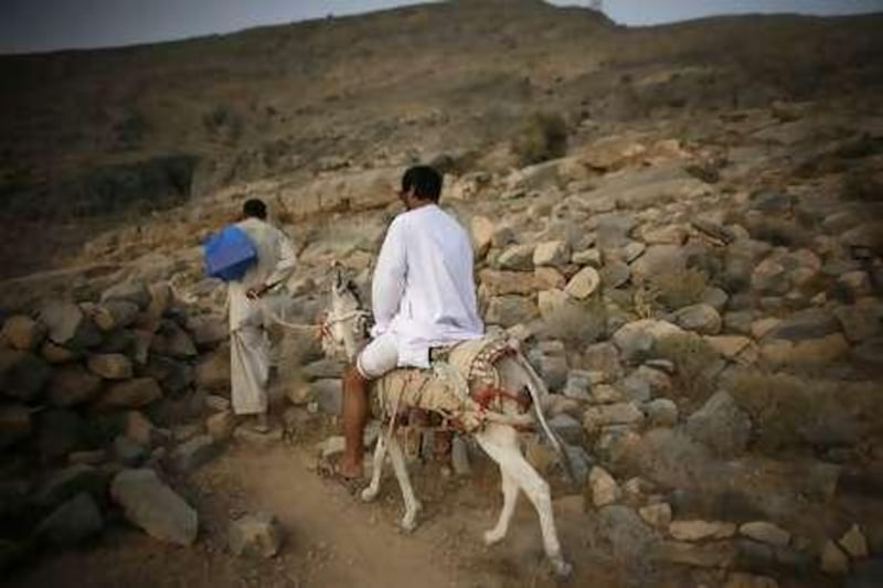 Ali Hassan Al Shehi, 50, rides a donkey to Baqal an area in mountains where his family, the Shehi's have a village. The village is inhabited primarily in the winter months, where they live without electricity and running water.
