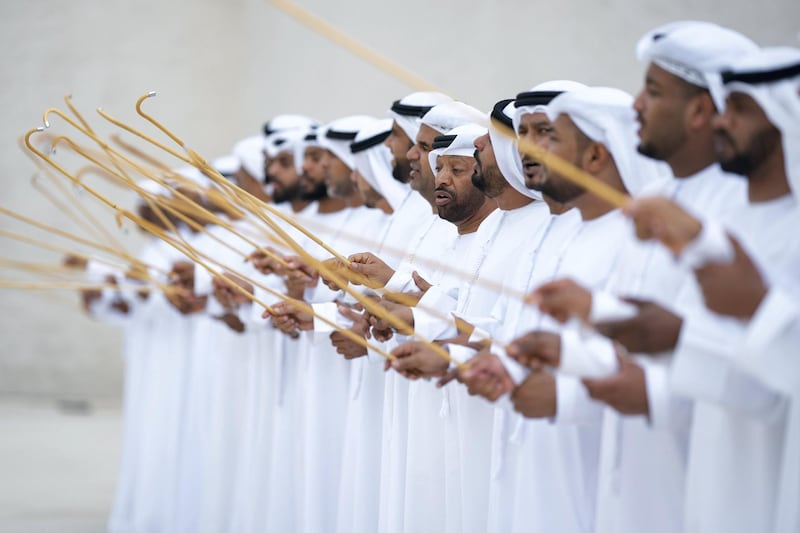 ABU DHABI, UNITED ARAB EMIRATES - February 11, 2020: Traditional dancing performed during a barza, at Qasr Al Hosn. 

( Rashed Al Mansoori / Ministry of Presidential Affairs )
---