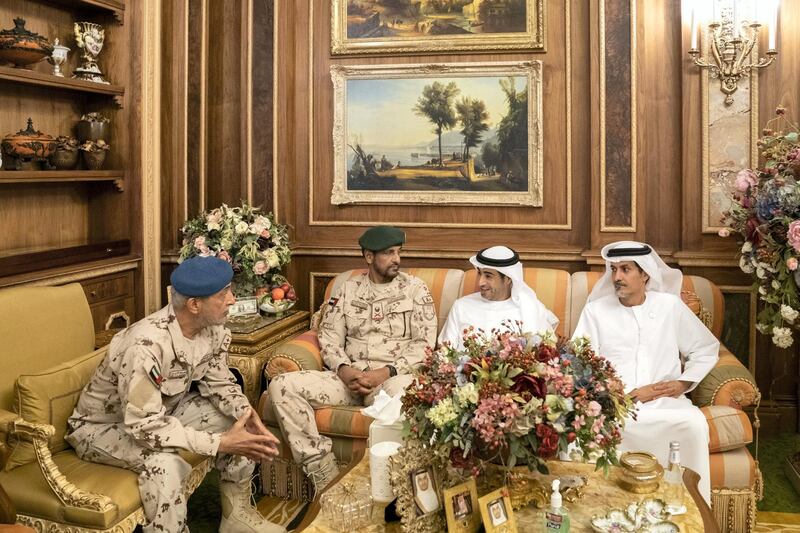 RIYADH, SAUDI ARABIA - April 16, 2019: (R-L) HE Ali Mohamed Hammad Al Shamsi, Deputy Secretary-General of the UAE Supreme National Security Council, HE Ali Saeed Al Neyadi, Chairman of the Federal Customs Authority, HE Brigadier General Saleh Mohamed Saleh Al Ameri, Commander of the UAE Ground Forces and HE Major General Essa Saif Al Mazrouei, Deputy Chief of Staff of the UAE Armed Forces,  attend a meeting with HM King Salman Bin Abdulaziz Al Saud of Saudi Arabia and Custodian of the Two Holy Mosques (not shown), at Irqah Palace.

( Mohamed Al Hammadi / Ministry of Presidential Affairs )
---