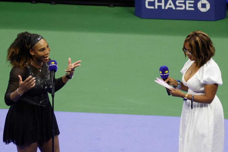 Serena Williams speaks with Gayle King during a ceremony honoring her career after her match against Danka Kovinic on day one of the 2022 US Open. Reuters