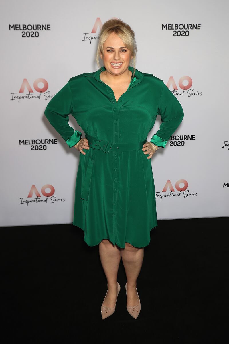 Rebel Wilson, wearing green Con Ilio, attends the AO Inspirational Series Lunch during the Australian Open on January 30, 2020 in Melbourne. Getty Images 