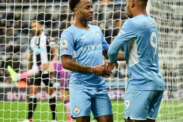 Raheem Sterling (L) of Manchester City celebrates with teammate Gabriel Jesus (R) after scoring the 4-0 lead during the English Premier League soccer match between Newcastle United and Manchester City in Newcastle, Britain, 19 December 2021.   EPA/PETER POWELL EDITORIAL USE ONLY.  No use with unauthorized audio, video, data, fixture lists, club/league logos or 'live' services.  Online in-match use limited to 120 images, no video emulation.  No use in betting, games or single club / league / player publications