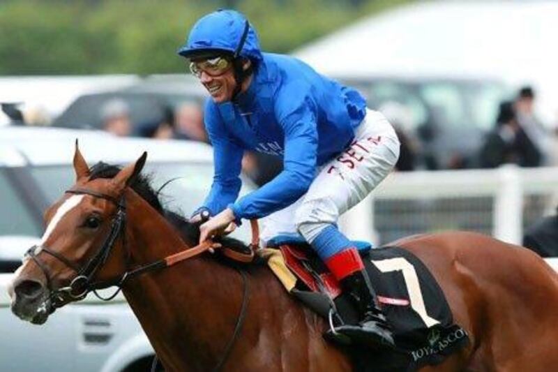 Frankie Dettori leaps into the air after riding Thai'ir to win the Chesham Stakes at Royal Ascot on Saturday. It was Godolphin's second success of the meet, after Colour Vision won the Gold Cup on Thursday. Jan Kruger / Getty Images