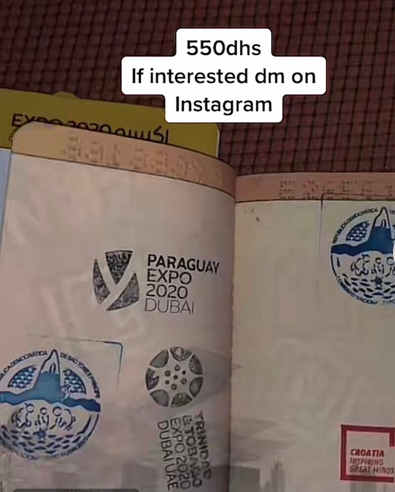 An ad on TikTok is selling the Expo 2020 Dubai yellow passports, filled with country pavilions stamps, for Dh550.