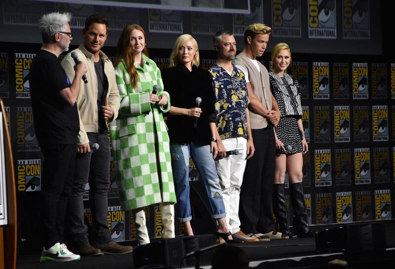 From left, director James Gunn with actors Chris Pratt, Karen Gillan, Pom Klementieff, Sean Gunn, Will Poulter and Maria Bakalova, present 'Guardians of the Galaxy Vol 3' at the Marvel panel, during Comic-Con International. AFP