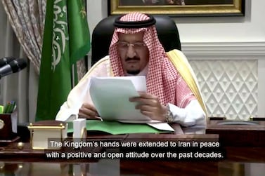 King Salman of Saudi Arabia speaks in a pre-recorded message which was played during the 75th session of the United Nations General Assembly. UNTV via AP