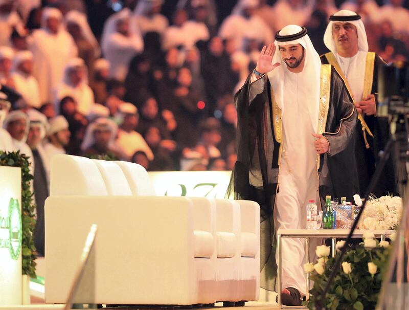 Dubai, United Arab Emirates - Reporter: Salam Al Amir: Sheikh Hamdan bin Mohammed bin Rashid Al Maktoum arrives at the Dubai police academy 27th graduation ceremony. Wednesday, January 15th, 2020. Coca Cola Arena, Dubai. Chris Whiteoak / The National