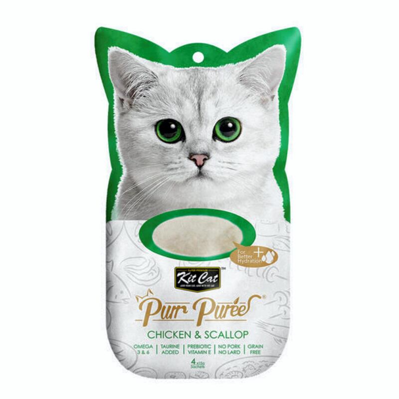 Kit Cat Purr Puree chicken and scallop treats, Dh15, www.petpro.ae