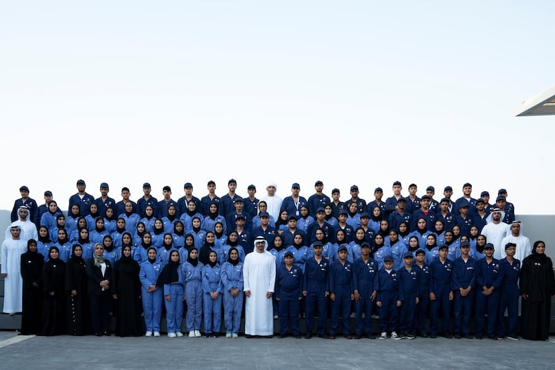 ABU DHABI, UNITED ARAB EMIRATES - August 06, 2019: HH Sheikh Mohamed bin Zayed Al Nahyan, Crown Prince of Abu Dhabi and Deputy Supreme Commander of the UAE Armed Forces (C), stands for a group photo with Ministry of Education 'Giving Ambassadors', during a Sea Palace barza.

( Mohamed Al Hammadi / Ministry of Presidential Affairs )
---