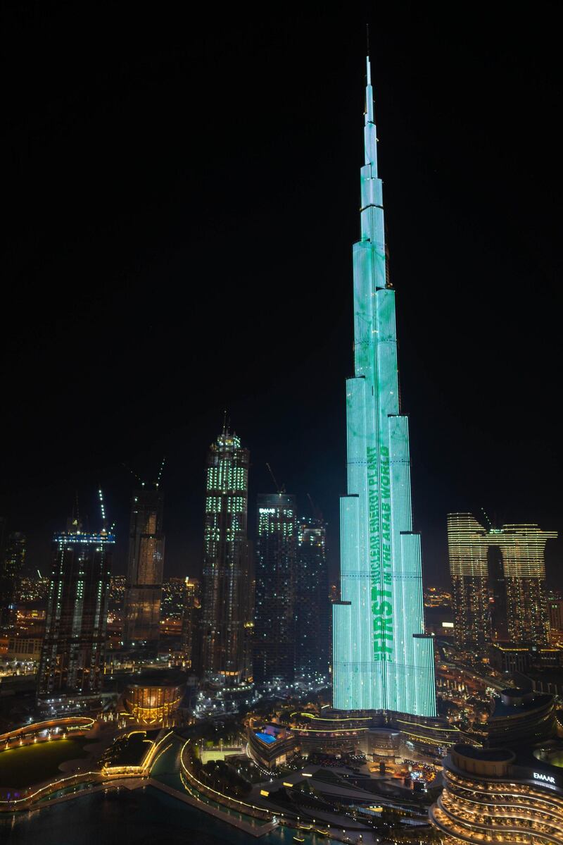 Burj Khalifa lights up in green to celebrate the commencement of commercial operations at Unit 1 of Barakah Nuclear Energy Plant, a major step towards the UAE achieving its clean energy ambitions.. Wam