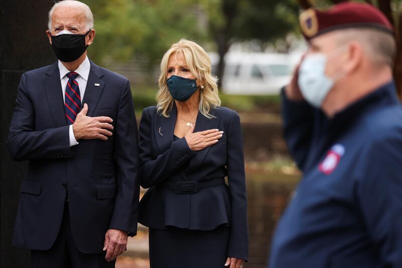 US President-elect Joe Biden and his wife Jill attend a Veterans Day observance in Philadelphia, Pennsylvania. Reuters