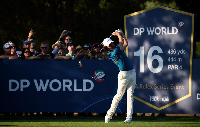 Tommy Fleetwood of England on the 16th tee during the third round of the DP World Tour Championship. Getty Images