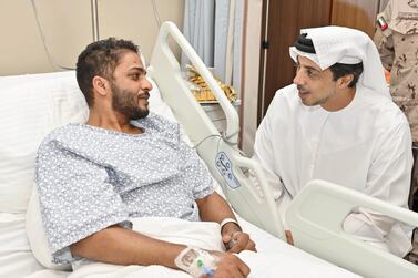Sheikh Mansour bin Zayed, Deputy Prime Minister and Minister of Presidential Affairs, visits soldiers in Zayed Military Hospital. Courtesy Wam