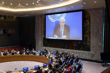Martin Griffiths (on screens), Special Envoy of the Secretary-General for Yemen, briefs the Security Council meeting on the situation in the Middle East (Yemen). 20 August 2019, United Nations, New York. UN