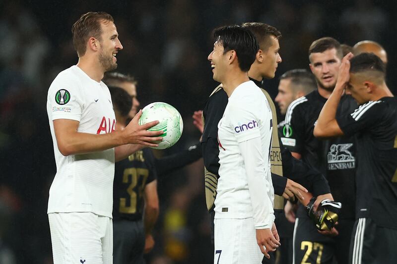 Tottenham's Harry Kane celebrates with Son Heung-min after scoring a hat-trick in the Europa Conference League match against NS Mura at Tottenham Hotspur Stadium on Thursday, September 30, 2021. Getty