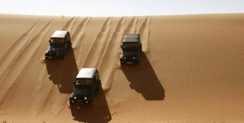 Jeeps navigate the Liwa sands on an inspection of the more remote checkpoints along the Abu Dhabi Desert Challange route, which starts today.