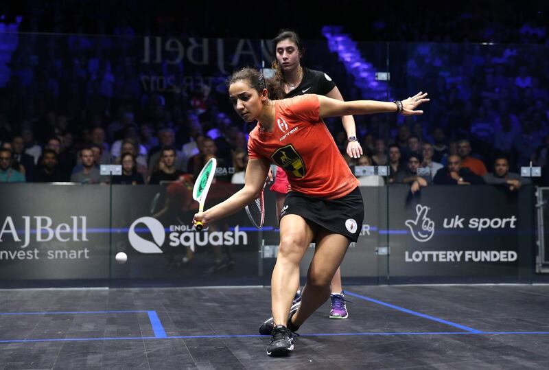 MANCHESTER, ENGLAND - DECEMBER 17:  Raneem El Welily of Egypt plays a forehand shot against Nour El Sherbini of Egypt during the Women's Final in the AJ Bell PSA World Squash Championships at the Manchester Central Convention Complex on December 17, 2017 in Manchester, England.  (Photo by Alex Livesey/Getty Images)